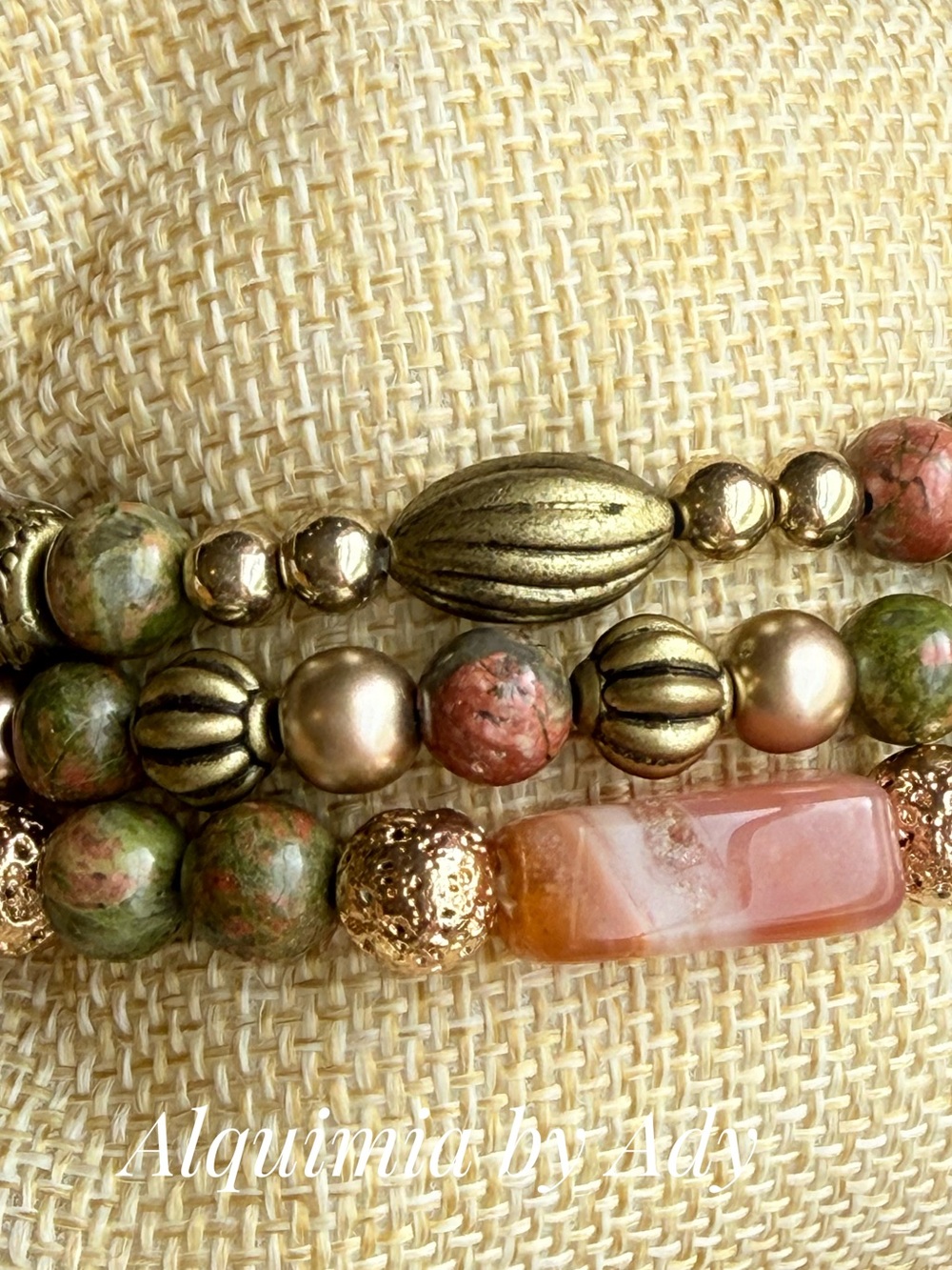 UNAKITE + Green & Pink Gemstone Layered Bracelet Set with Gold Accents